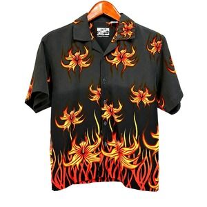 Pineapple Connection Boys Flame Hibiscus Floral Button Down Shirt Black Medium